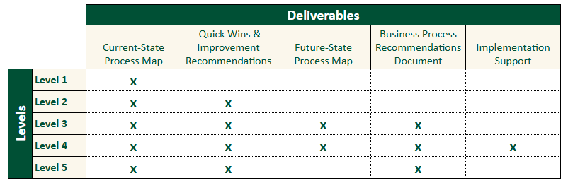 Matrix chart that outlines the deliverables.